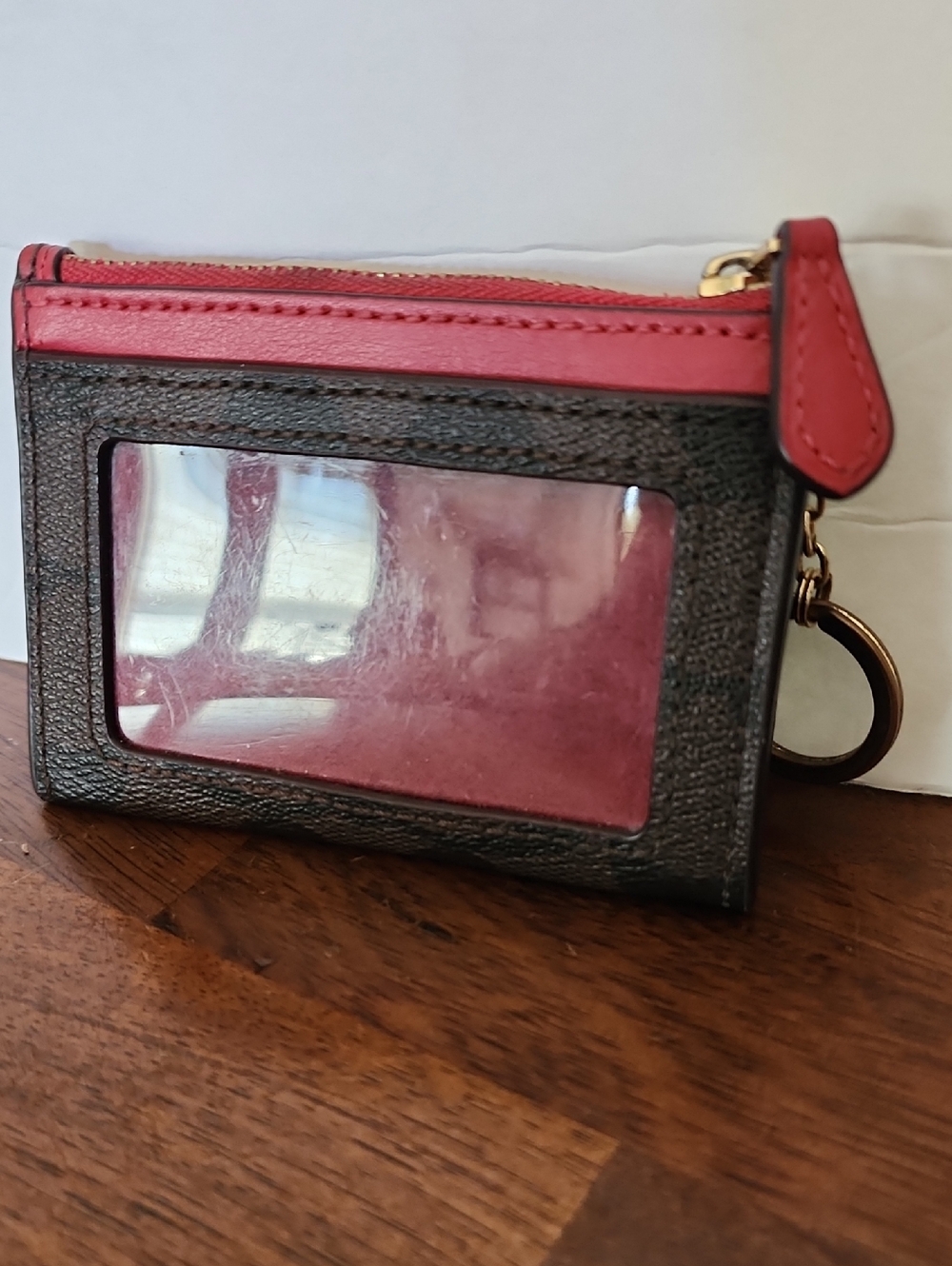 COACH Signature Canvas Card Case Wallet in Brown and Red - Picture 4 of 8